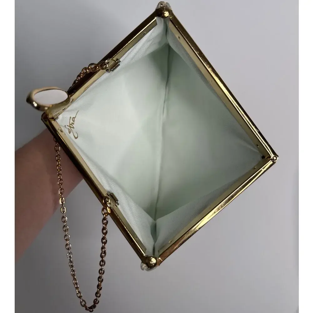 70s Etra white clutch with gold metal frame and matching gold chain strap